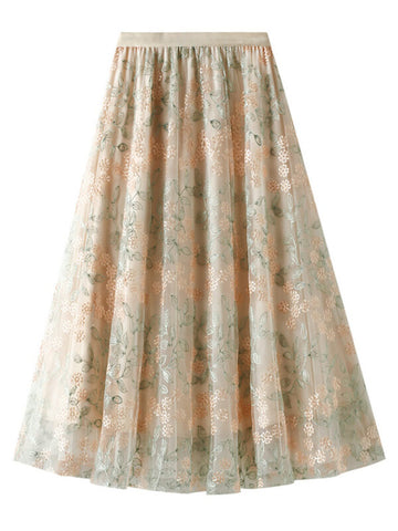 Woochic jupe longue tulle brodée fleurie élégant femme Abricot ONE SIZE